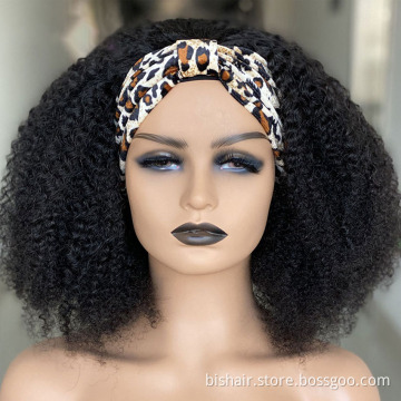 BIS Wholesale 150% Density Headband Wig Human Hair Short Afro Kinky Curly Wig Brazilian Remy Hair Machine Made Wigs for Women